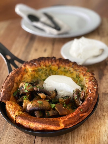 Mandy Hall's Dutch Baby Pancake with Kris Lloyd Artisan Buffalo Curd, Thyme and Mushrooms